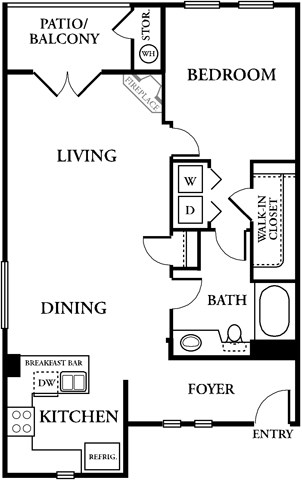 Floor plan for 1 bed, 1 bath, 889 sqft